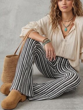 Fashion Nova Black and White Striped Crochet  Knit Bell Bottom Pants M NWOT